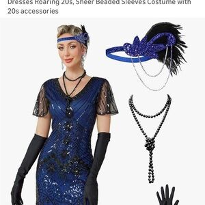 Elegant Blue Flapper Dress with Accessories